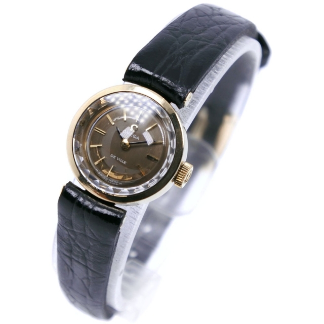【OMEGA】オメガ デビル/デヴィル cal.485 金メッキ×レザー ゴールド 自動巻き レディース ブラウン文字盤 腕時計