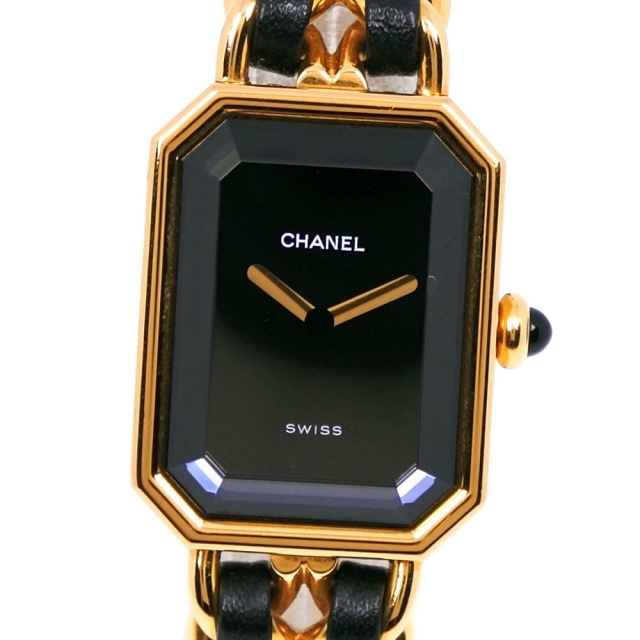 【CHANEL】シャネル プルミエールM H0001 金メッキ×レザー 黒 クオーツ レディース 黒文字盤 腕時計クオーツケース形