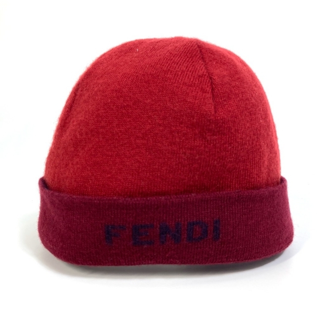 フェンディ FENDI ロゴ アパレル 帽子 ニット帽 ウール レッド×ボルドー