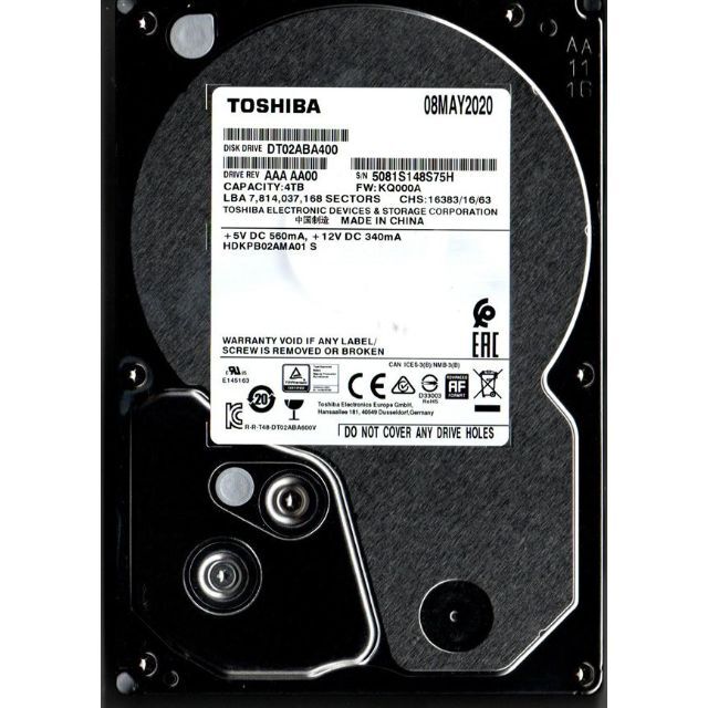 Tohisba HDD DT02ABA400 4TB SATA 5400rpm