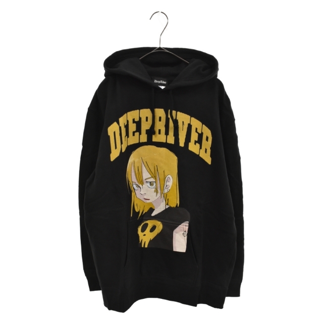 Deep River ディープ リバー ×Jun Inagawa COURAGE ANARCHY Hoodie ジュンイナガワ キャラクタープリント プルオーバーパーカー フーディ ブラック/イエロー585センチ表記サイズ