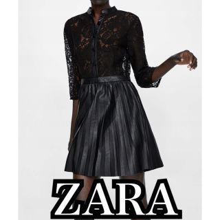 ザラ(ZARA)のスーパー還元 ZARA 新品 タグ付き 黒レースフェイクレザープリーツワンピース(ミニワンピース)