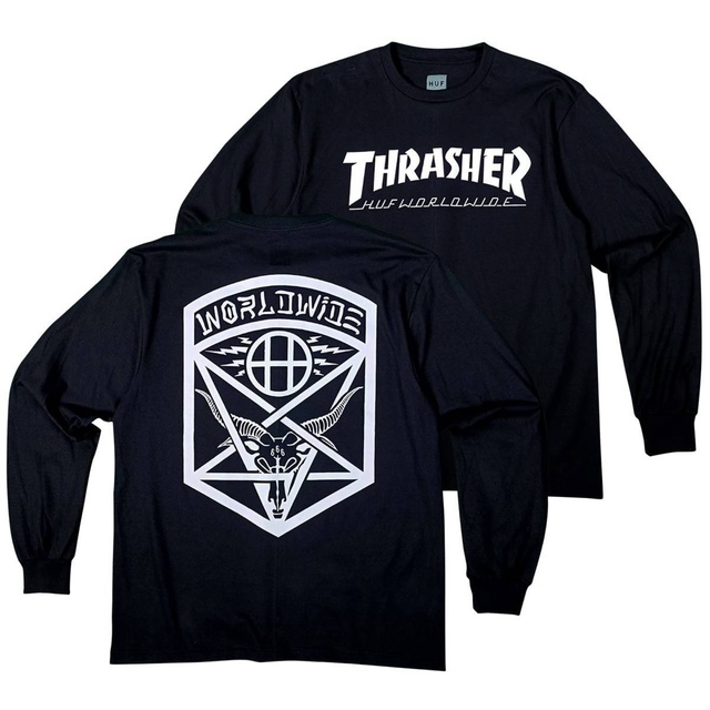 THRASHER(スラッシャー)のスラッシャー　ハフ　コラボ　長袖ロンT　黒　L　スケボー　スノボー　キャンプ メンズのトップス(Tシャツ/カットソー(七分/長袖))の商品写真