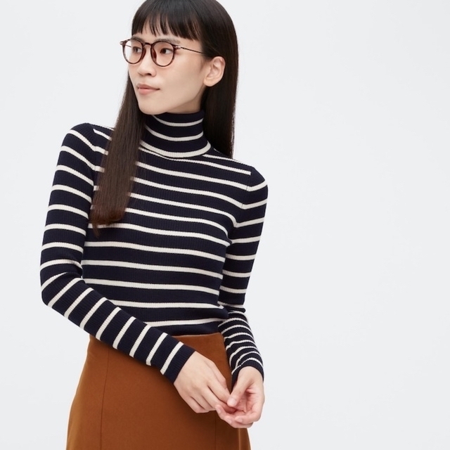 UNIQLO(ユニクロ)の新品 ユニクロ エクストラファインメリノリブタートルネックセーター　ボーダー レディースのトップス(ニット/セーター)の商品写真