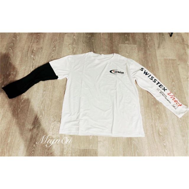 XL【ホワイト】白 袖ロゴ フェイクレイヤード Tシャツ ロンT 長袖 レディースのトップス(Tシャツ(長袖/七分))の商品写真
