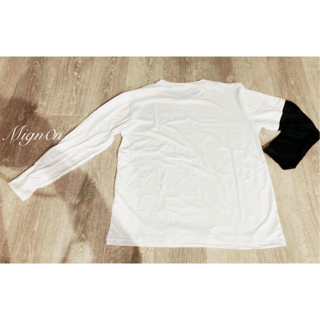 XL【ホワイト】白 袖ロゴ フェイクレイヤード Tシャツ ロンT 長袖 レディースのトップス(Tシャツ(長袖/七分))の商品写真