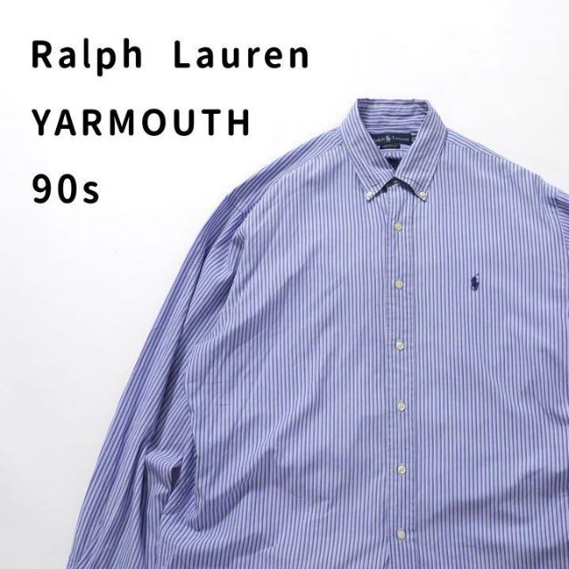 ラルフローレン　90s 長袖　シャツ　ストライプ　青　　刺繍　ワンポイント