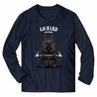 ネザーランドドワーフ ウサギ ブラック ダンベル 筋トレ 長袖 Tシャツ メンズ(Tシャツ/カットソー(七分/長袖))