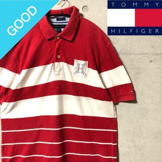 トミーヒルフィガー(TOMMY HILFIGER)のNo.46 90s トミーヒルフィガー　ポロシャツ　ボーダー　ロゴ　ワンポイント(ポロシャツ)