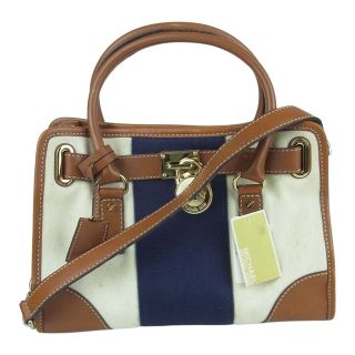 マイケルコース(Michael Kors)のMichael Kors マイケルコース LARGE HAMILTON STRIPED CANVAS TOTE ラージ ハミルトン チェーン ショルダー バッグ キャンバス レザー オフホワイト系 ブラウン系 ネイビー系【中古】(ショルダーバッグ)