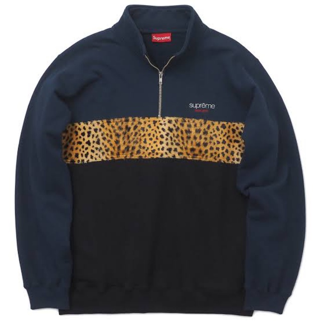 トップス【美品】Supreme 18AW レオパードパネルハーフジップスウェット