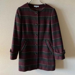 【美品】Vintage coat ヴィンテージコート ボーダー　赤　ノーカラー(ロングコート)