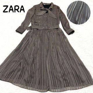 ザラ(ZARA)のZARA ザラ ボウタイ ロングワンピース 総柄 ラメ ベルト Mサイズ(ロングワンピース/マキシワンピース)