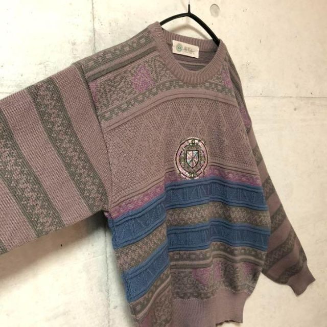 No.127 VINTAGE 古着 セーター 総柄ニット 刺繍 くすみカラー
