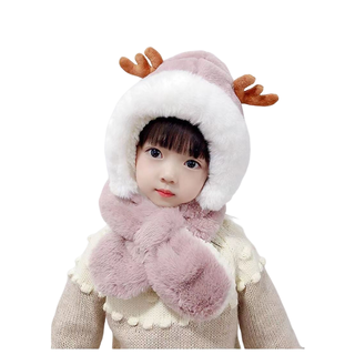 ふわふわキッズ帽子　暖かい　女の子　フード付きマフラー　しか　(帽子)