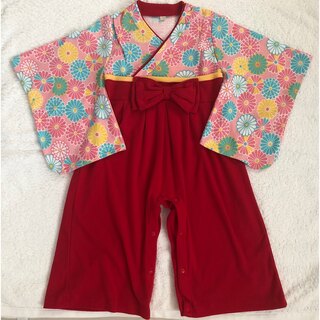 袴ロンパース　サイズ90  美品　ピンク　花柄(和服/着物)
