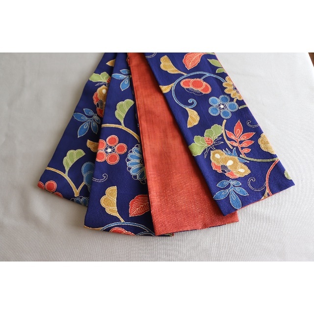 正絹半巾帯　濃藍に枝花文の正絹　丹色縞の紬 赤半幅帯　正絹帯　着物リメイク帯 2