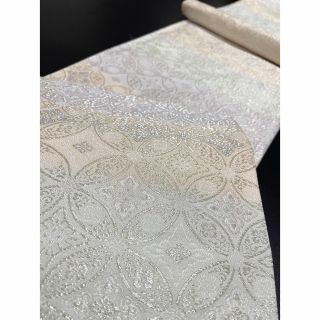 お仕立て付き【西陣織袋帯◆優彩段暈し 花七宝】ミントグリーン クリームイエロー