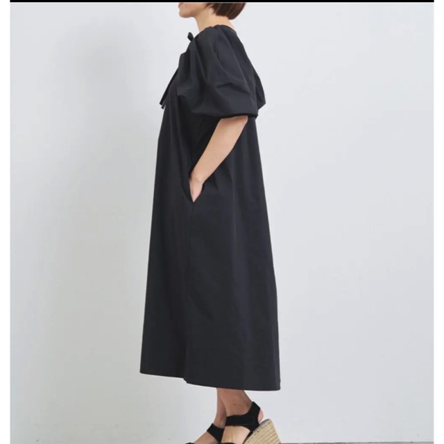 yori ヨリ パフスリーブ コットン ワンピース ブラック 【ファッション
