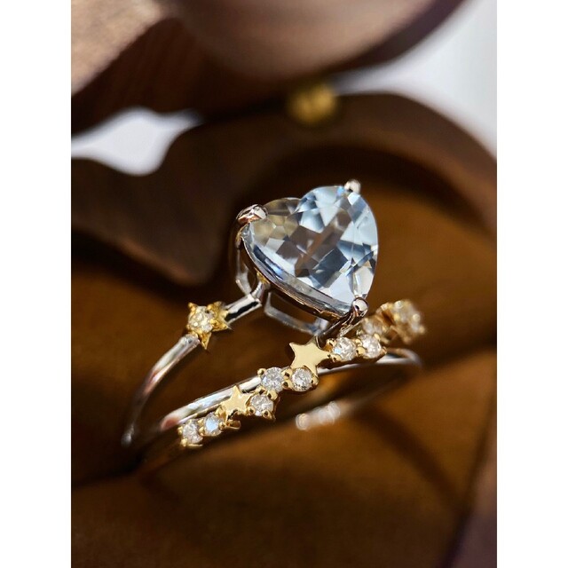 天然ダイヤモンド付きアクアマリンリングk18 - リング(指輪)