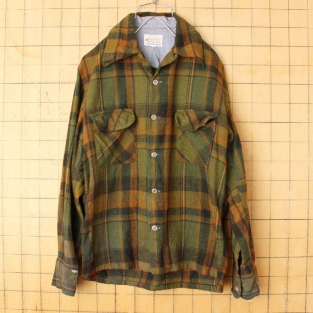 60s RoyalChoiceオープンカラーウールシャツ グリーンS aw110