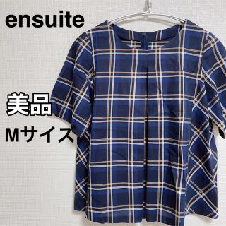 エンスウィート(ensuite)のエンスウィート　ブラウス　半袖　青　ブルー　韓国　人気　美品　即日発送　格子柄(カットソー(半袖/袖なし))