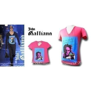 ジョンガリアーノ(John Galliano)の★galliano ジョンガリアーノ ★ VネックプリントTシャツ ★ピンク★L(Tシャツ/カットソー(半袖/袖なし))