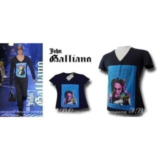 ジョンガリアーノ(John Galliano)のgalliano ジョンガリアーノVネックプリントTシャツ紺×黒ブルーブラックL(Tシャツ/カットソー(半袖/袖なし))