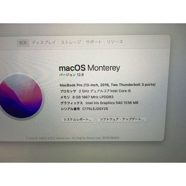 i5RAM8GBストレージMacBook Pro 13インチ 256GB MLUQ2J/A [2016]