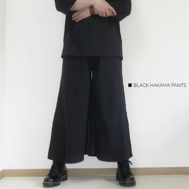 コットン100%　ブラック　袴パンツ　ハカマパンツ　ワイドパンツ　ガウチョパンツ メンズのパンツ(サルエルパンツ)の商品写真