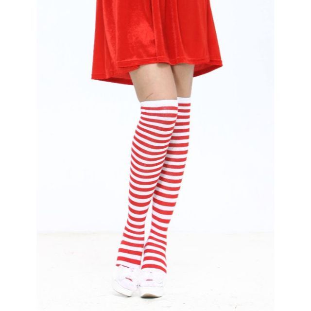 【6足セット】ボーダーソックス ❤️ニーハイ×赤×白 レディースのレッグウェア(ソックス)の商品写真