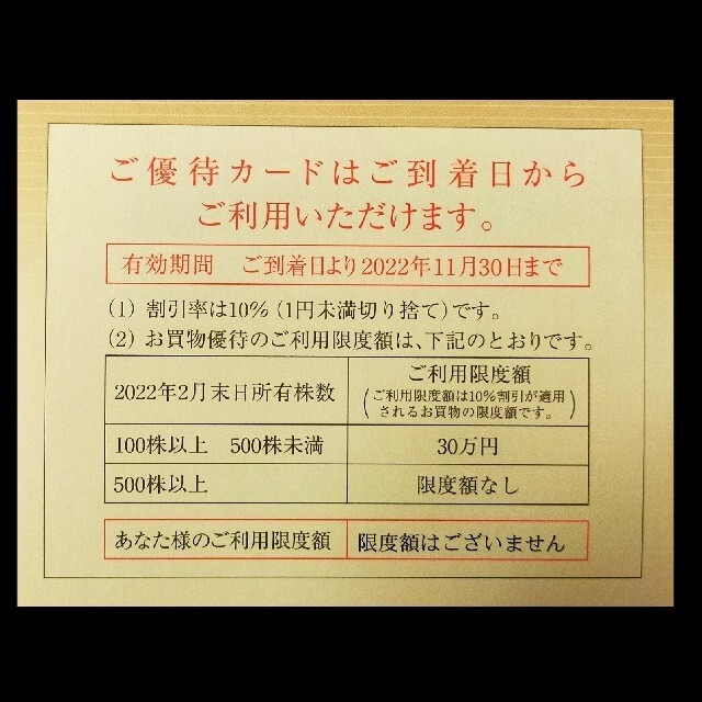 【最新】高島屋株主優待カード１枚　利用限度額なし　女性名義　S