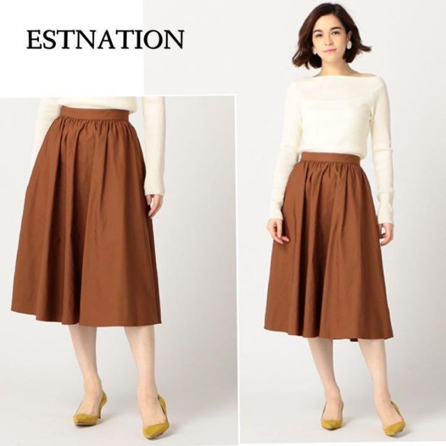 ESTNATION(エストネーション)の異素材コーデが楽しい♪　ミディ フレアスカート　M ブラウン レディースのスカート(ひざ丈スカート)の商品写真