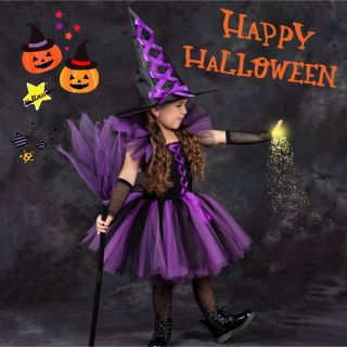 【 大処分】キッズ  ハロウィン コスプレ 魔女 ドレス パープル 110サイズ(ドレス/フォーマル)