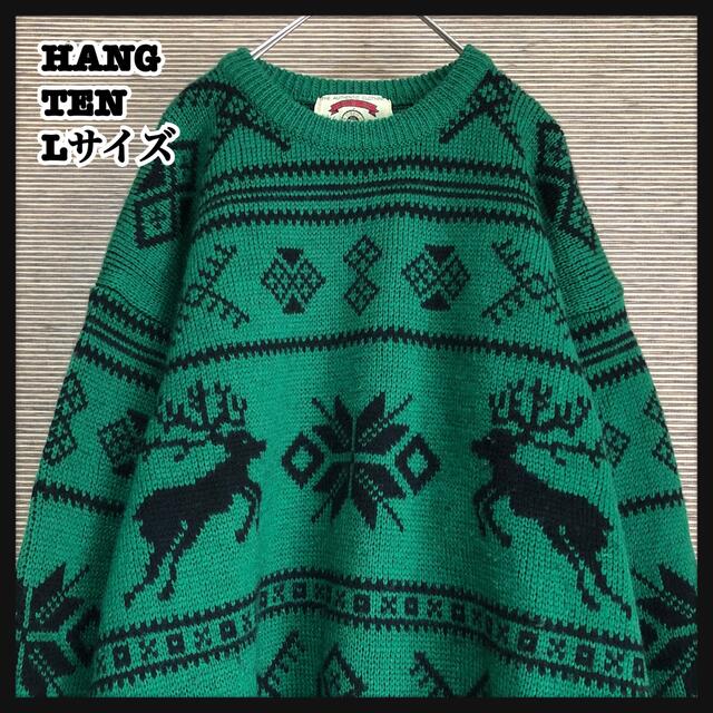 【総柄】セーター　ニット　幾何学　ヘリンボーン　毛　緑　アニマル柄K２