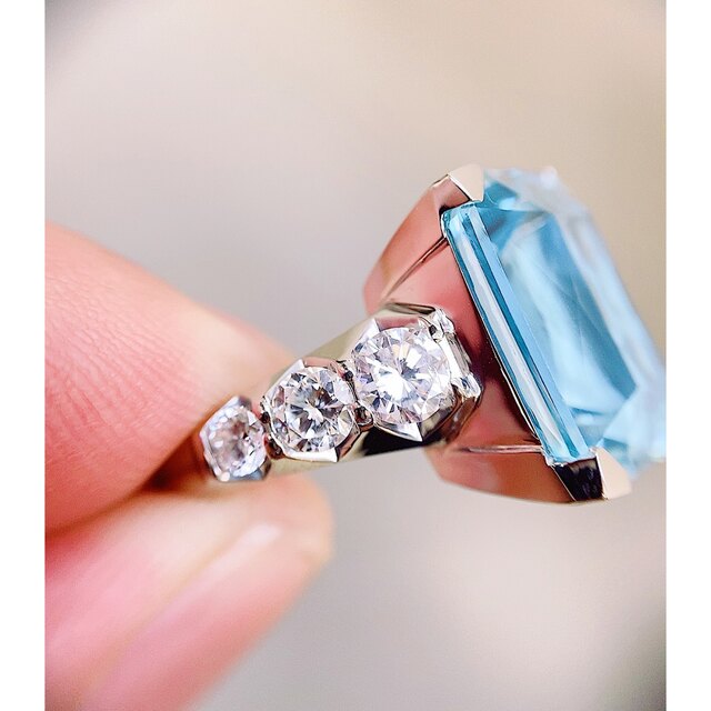 ☆12.4ct☆大粒アクアマリン✨1.6ctダイヤモンドプラチナリング指輪12
