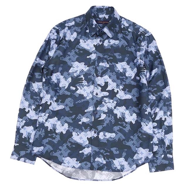 極美品 ルイヴィトン LOUIS VUITTON シャツ 20AW ロングスリーブ モノグラム カモフラージュ シルク100% トップス メンズ M ブルー | フリマアプリ ラクマ