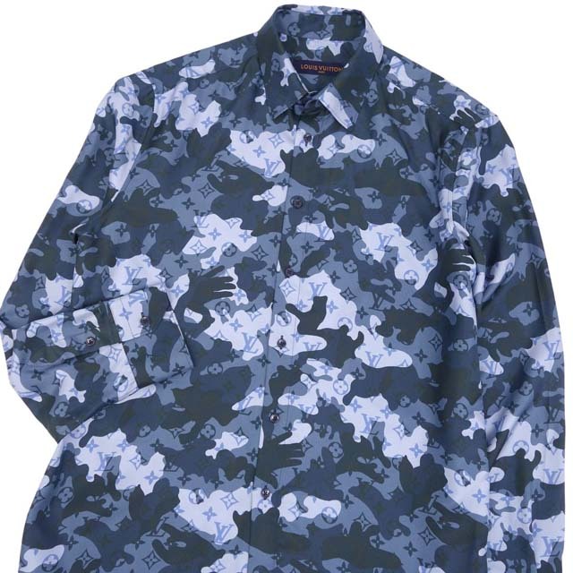 極美品 ルイヴィトン LOUIS VUITTON シャツ 20AW ロングスリーブ モノグラム カモフラージュ シルク100% トップス メンズ M ブルー