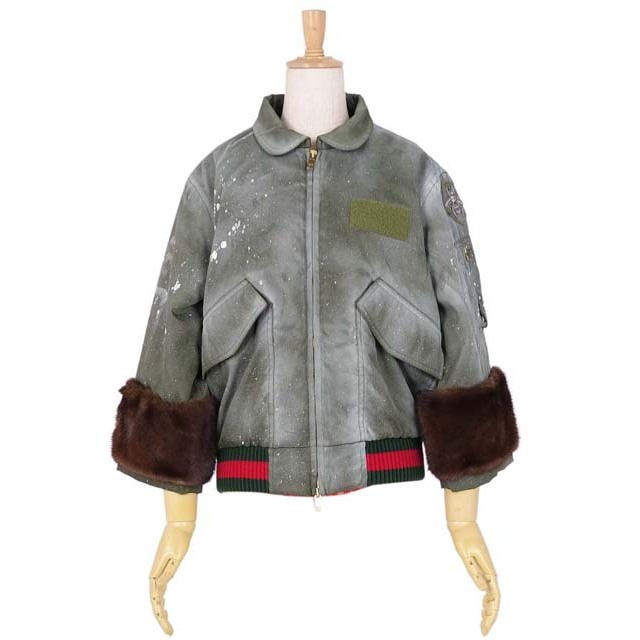 極美品 グッチ GUCCI ジャケット ミリタリー GGロゴ シェリーライン 袖ミンクファー ナイロン アウター レディース 38(M相当) カーキ | フリマアプリ ラクマ