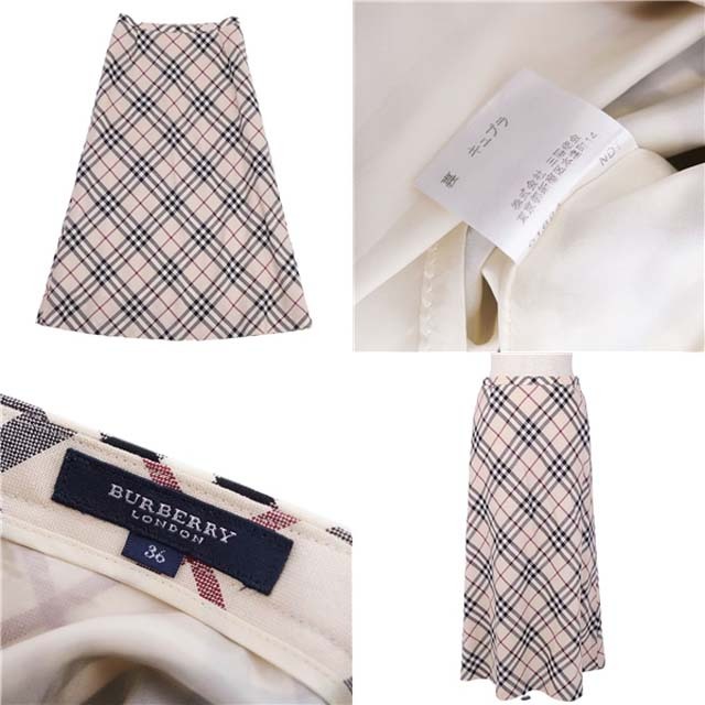 BURBERRY(バーバリー)の美品 バーバリー ロンドン BURBERRY LONDON スカート チェック ウール フレア レディース ボトムス 36(S相当) ベージュ レディースのスカート(ひざ丈スカート)の商品写真