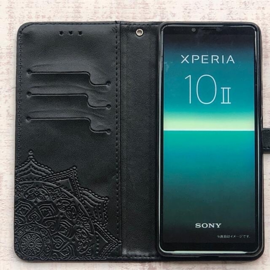 Xperia 10 Ⅱ ブラック 手帳 型押し マンダラ 黒 マークツー スマホ/家電/カメラのスマホアクセサリー(Androidケース)の商品写真