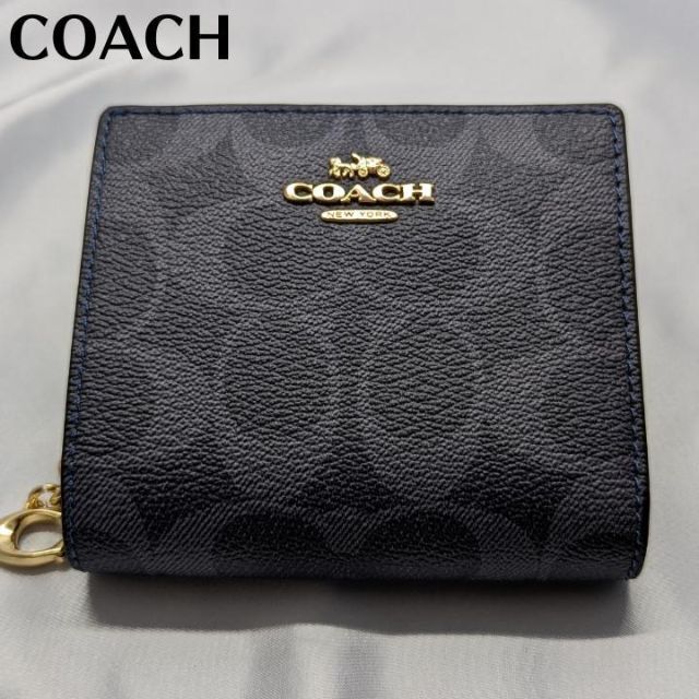 COACH - 【新品】コーチ 二つ折り財布 シグネチャー ネイビー スナップ