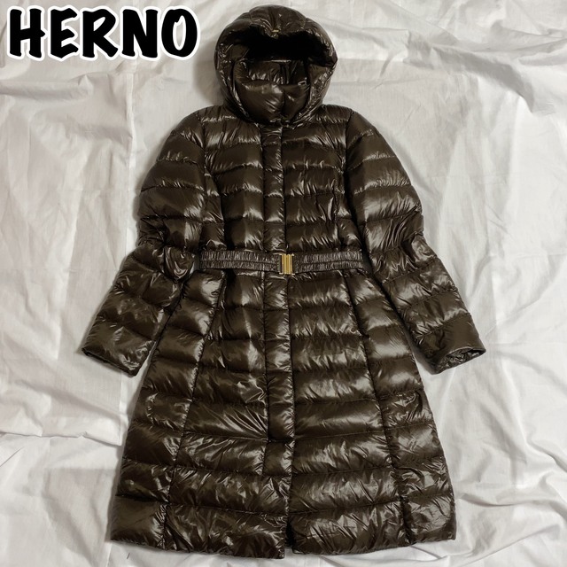 HERNO(ヘルノ)の美品！ヘルノ ロングダウンコート Aライン ベルト フード ブラウン 44 レディースのジャケット/アウター(ダウンコート)の商品写真