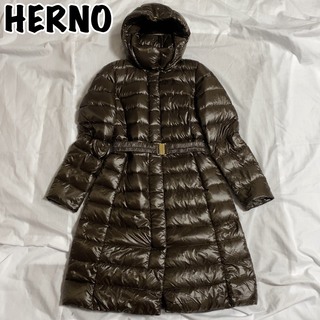 ヘルノ(HERNO)の美品！ヘルノ ロングダウンコート Aライン ベルト フード ブラウン 44(ダウンコート)