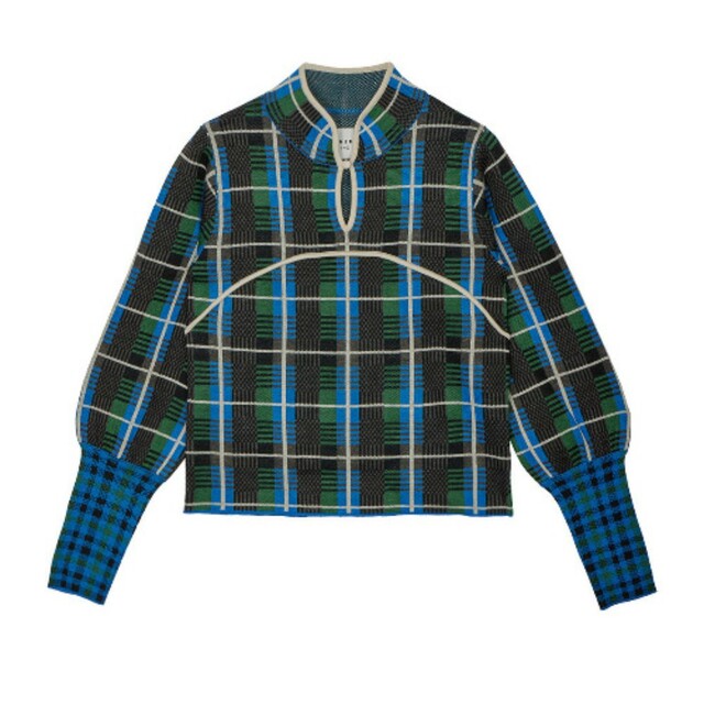 Ameri VINTAGE(アメリヴィンテージ)のameri【新品未開封】SWITCHING CHECK KNIT TOP ブルー レディースのトップス(ニット/セーター)の商品写真