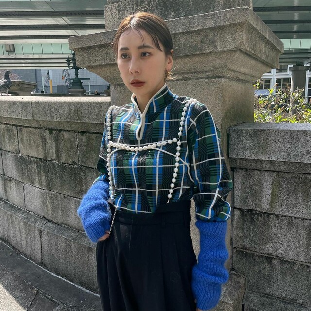 ameri【新品未開封】SWITCHING CHECK KNIT TOP ブルー-