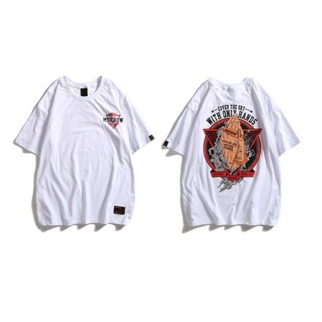 韓国 服 メンズ 和風 ストリート モード ロック 半袖 Tシャツ 拝み 手 白 メンズのトップス(Tシャツ/カットソー(半袖/袖なし))の商品写真