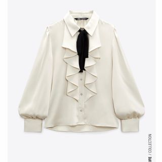 ザラ(ZARA)のZARA リボンサテンシャツ ザラ S ブラウス ビジュー(シャツ/ブラウス(長袖/七分))