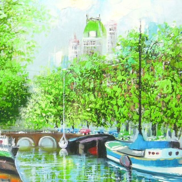 絵画 油絵 肉筆油絵 作者不詳 風景画 運河のある風景 F10 - 絵画