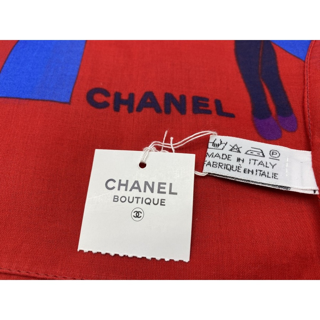 レディース[USED/]CHANEL シャネル スカーフ 大判スカーフ ストール シャネルロゴ イラスト ヴィンテージ レッド ブルー マルチカラー コットン  ai-tdc-001008-4e